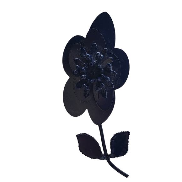 Navy Blue Flower Power Brooch Metal Enameled Stem Pin 3D Vintage 1960s - Picture 7 of 10